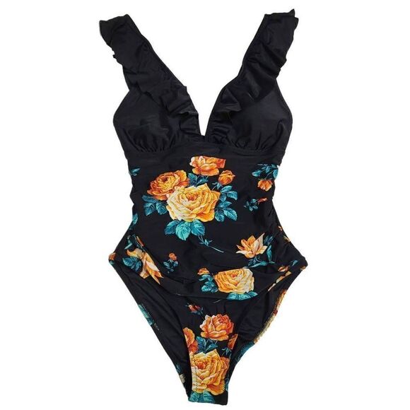 CUPSHE Black Floral Ruffled Lace Up Onepice Swimsuit Size Medium - Picture 3 of 9